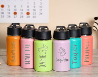 Botella de agua infantil personalizada con pajita, ideal para la vuelta al cole, de acero inoxidable de 355 ml (12 oz), grabada con láser a medida para niños y niñas, perfecta para campamentos de verano.