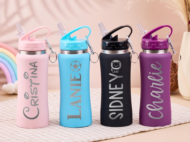 Personalized Kids Water Bottle With Straw, Custom Laser Engraved Name ...