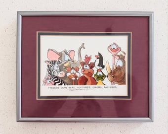 Robert Marble Original Cartoon Illustration Signed Animal Friends Framed