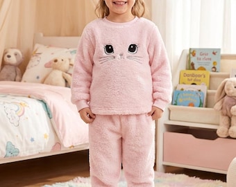 Toddler Girl Plush Cat Pajamas, Cozy Fleece Winter Sleepwear, Soft Warm Two-Piece Set