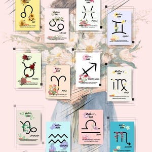 May include: Twelve Mother's Day cards, each representing a zodiac sign, are displayed. The cards feature floral designs and black zodiac symbols. The background is a soft pink colour.
