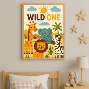 Póster Wild One Safari: Impresión de animales de la selva para guardería, arte mural para primer cumpleaños, decoración infantil, temática de jirafa, león, cebra y elefante.