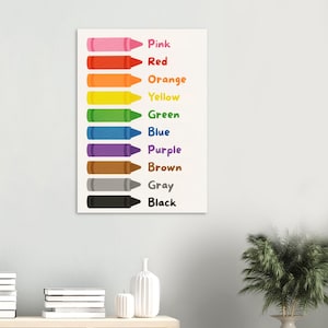Póster de colores para niños: tabla de colores de crayones imprimible, arte mural educativo, decoración Montessori o para la educación en casa, descarga de un aula arcoíris.