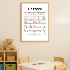 Poster alphabet arc-en-ciel - Tableau ABC pour enfants, exercice d'écriture manuscrite, art mural éducatif, imprimable pour la salle de classe ou l'école à la maison