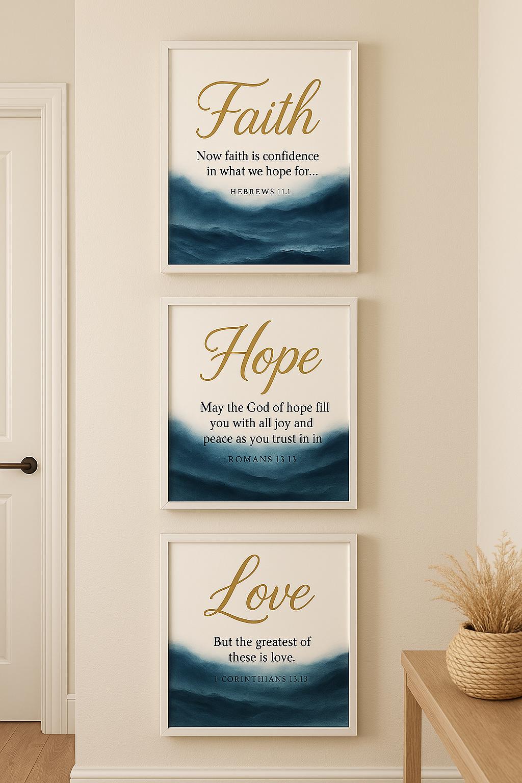 Faith Hope Love Bible Verse Wall Art | Stormy Sea Christian Print Set ...