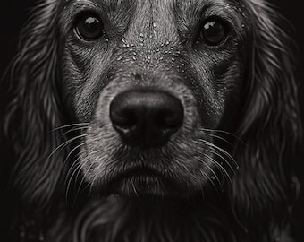 May include: A black and white portrait of a dog's face, with a wet coat and water droplets. The dog has dark eyes, a black nose, and long, wavy fur. The image is a close-up, focusing on the dog's face against a dark background.