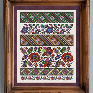Folk Sampler Cross Stitch Pattern, Cross Stitch Chart, Floral Borders X Stitch Embroidery, Instant Download PDF