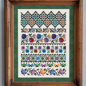 Folklore Sampler Kreuzstichmuster, Kreuzstichvorlage, Blumenbordüren X Stitch Stickerei, sofortiger Download PDF