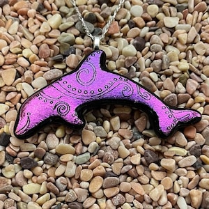 Dolphin lover, dichroic fused glass, laser etched pendant