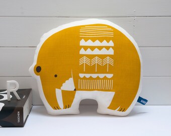 Hand Screen Printed Bear Pillow in Mustard Yellow