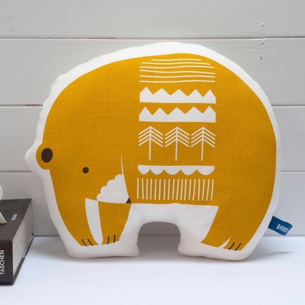 Hand Screen Printed Bear Pillow in Mustard Yellow