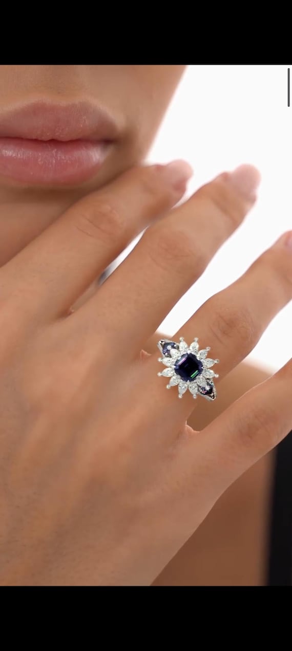 2.00ct Lab-Grown Emerald-Cut Diamond Ring,Pear & Round Side Stones