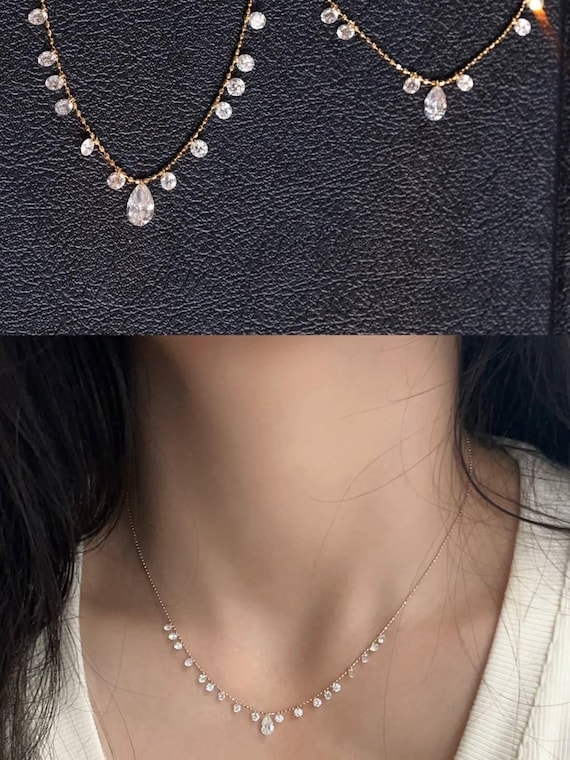 Dainty Diamond Station Necklace, 0.40ct Total Lab Grown Diamonds on 14K Gold Bead Chain, Everyday Layering Necklace