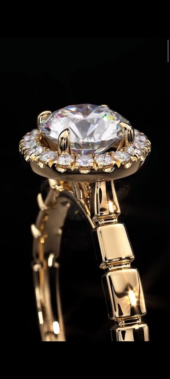 1.5ct Lab Grown Round Halo Engagement Ring, 18K Yellow Gold, Diamond Halo.