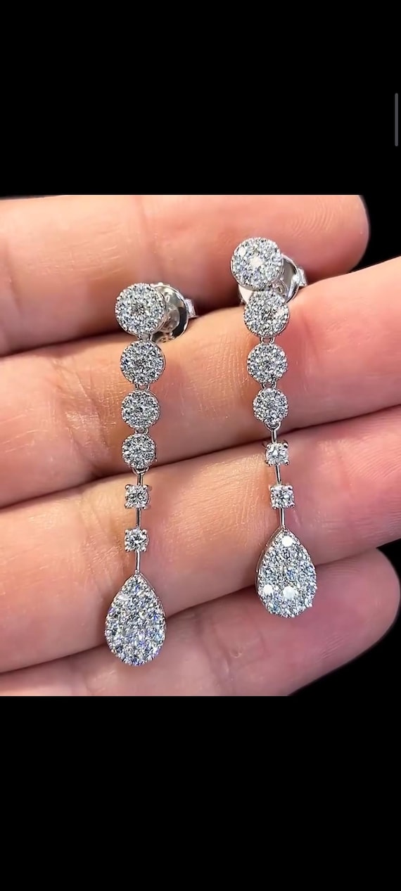 2.74ct Lab Grown Diamond Drop Earrings, 14K White Gold Long Cluster Earrings, Gift for Her