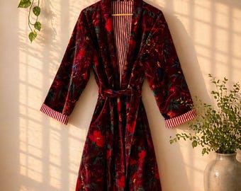 Red Bird Velvet Banyan Fabric Kimono Robe Tassel Bohemian Printed Long Lounge Partywear