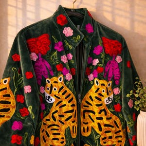 May include: Dark green velvet jacket with embroidered tiger and floral designs. The jacket features a full zipper and is adorned with yellow tigers, red, pink, and purple flowers. The jacket is hanging on a gold hook.