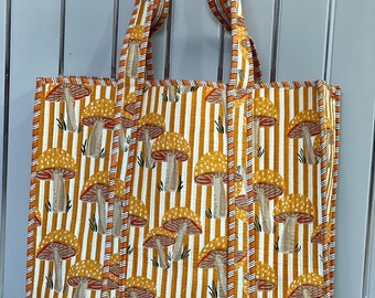 Handmade Quilted Cotton Tote Bag: Mustard Mushroom Print, Large Reusable Boho Bag