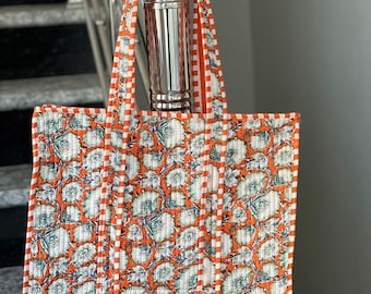 Handmade Quilted Cotton Tote Bag: Orange Floral Block Print