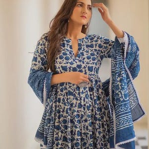 Hand Block Printed Blue Anarkali Cotton Dress | Flared Ethnic Kurti with Dupatta | Boho Indian Outfit | Summer Festive Wear