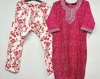 Bandhani Print Kurti with Floral Pants | Handcrafted Cotton Set