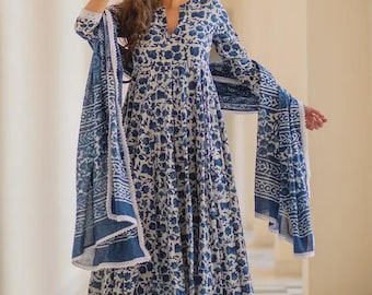 Hand Block Printed Indigo Cotton Dress, Indian Gown Tunic