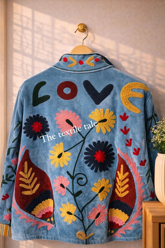 Handmade Blue Velvet Suzani Jacket, Embroidered Love Floral Folk Art Coat