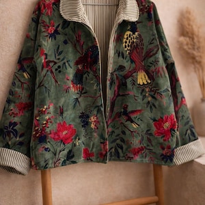 Green Velvet Floral Bird Print Jacket – Boho Kimono Style Outerwear Casual Chic