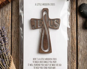 Wooden Jesus Pocket Cross, Handheld Prayer, Anxiety Relief, First Communion Gift