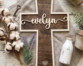 Personalized Wooden Cross, Boho Christening Gift, First Communion Keepsake, Custom Name Decor