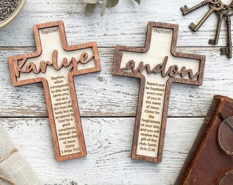 Custom Name Baptism Cross – Layered Wood with Scripture, Christening Gift