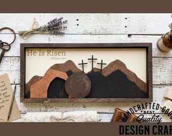 He Is Risen | 3D Layered Wood Tomb Scene | Easter Wall Art