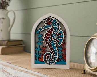 Seahorse Arch Wall Art – Layered Wood Ocean Decor | Coastal Wall Sign | Homeware