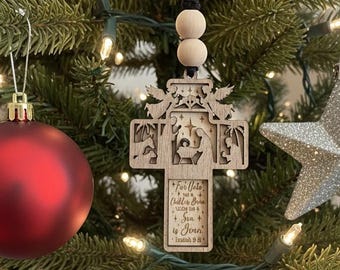Nativity Scene Wood Cross Ornament: Rustic Christian Gift