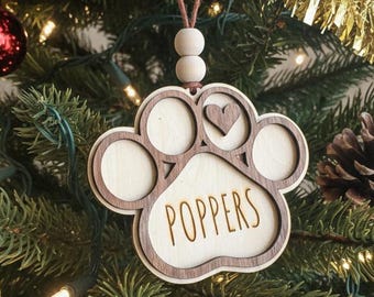 Personalized Pet Paw Ornament: Engraved Wooden Christmas Ornament