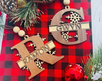 Split Monogram Christmas Ornament • Personalized Wood Snowflake Ornament