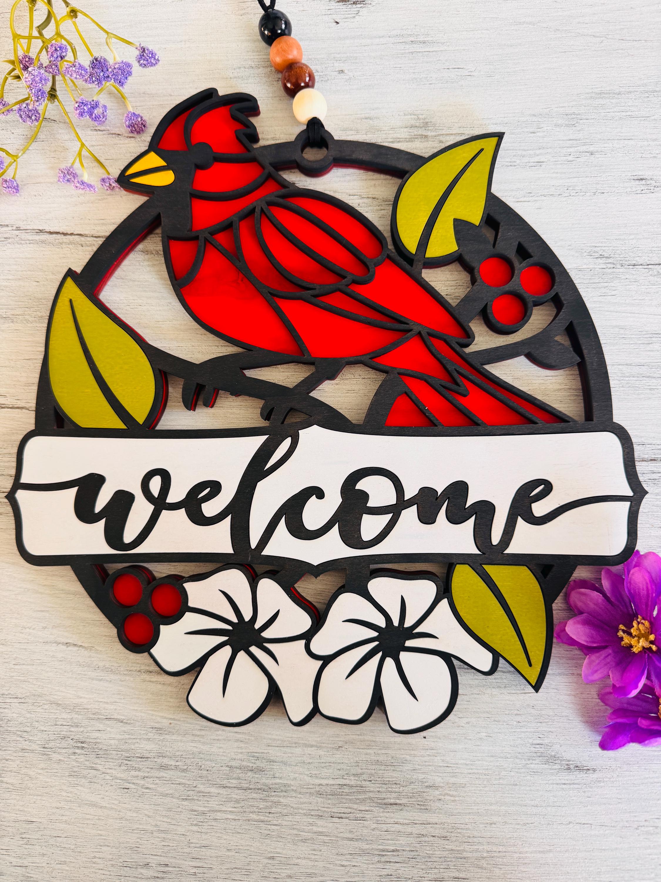 Cardinal Welcome Sign | Layered Wood Door Hanger | Farmhouse Bird Decor ...