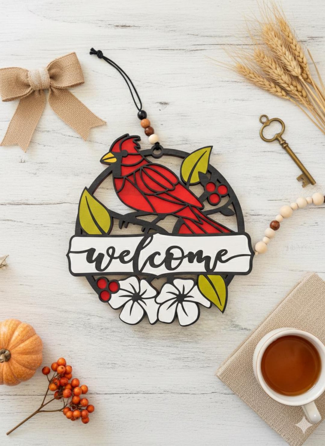 Cardinal Welcome Sign | Layered Wood Door Hanger | Farmhouse Bird Decor ...