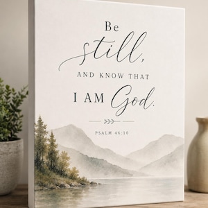 May include: A rectangular canvas wall art piece featuring a watercolor landscape of a lake, mountains, and pine trees. The text reads: Be still, AND KNOW THAT I AM God. PSALM 46:10. The design uses a neutral color palette with soft greens and grays.