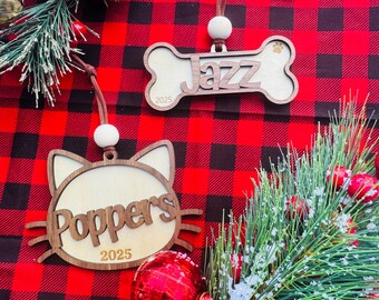 Custom Pet Ornament • Dog Bone or Cat Head, Wood Pet Keepsake