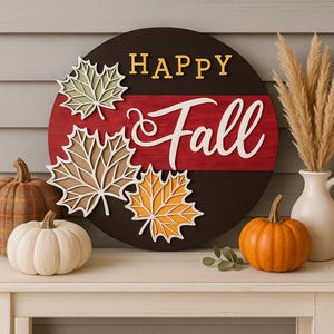 Happy Fall Door Hanger – Farmhouse Autumn Decor – Laser Cut Maple Leaves – 16” Round Wood Sign