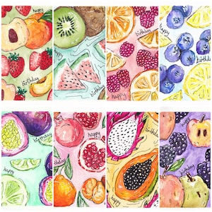 Cartões de aniversário de frutas em aquarela