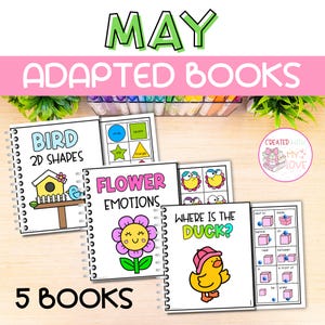 May include: Five spiral-bound adapted books with bright illustrations. Titles include "Bird 2D Shapes," "Flower Emotions," and "Where is the Duck?" The books are designed for educational purposes and feature engaging content.