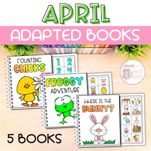 Puede incluir: Colección de cinco libros adaptados para abril, con ilustraciones coloridas de pollitos, una rana y un conejo. Los títulos incluyen "Counting Chicks", "Froggy Adventure" y "Where is the Bunny?". Los libros están encuadernados en espiral.