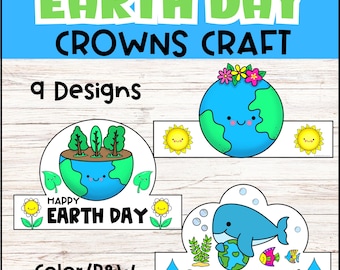 Könnte beinhalten: Ein druckbares Earth Day Kronen-Bastelset mit 9 Designs. Die Designs zeigen eine lächelnde Erde mit Blumen, Bäumen und einem Wal. Der Text "Happy Earth Day" und "Save Our Ocean" ist enthalten. Das Bastelset ist in Farbe und Schwarzweiß erhältlich.
