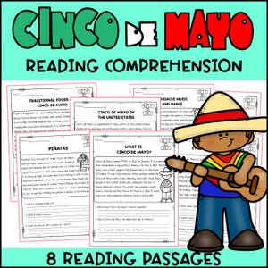 Hojas de trabajo con pasajes y preguntas de comprensión lectora del Cinco de Mayo