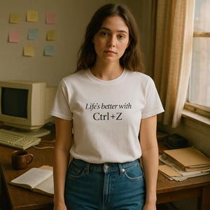 Può includere: Una maglietta bianca con la scritta "Life's better with Ctrl+Z" in nero. La maglietta è indossata con jeans blu. Lo sfondo comprende un computer vintage, una scrivania in legno e una finestra con una tenda.