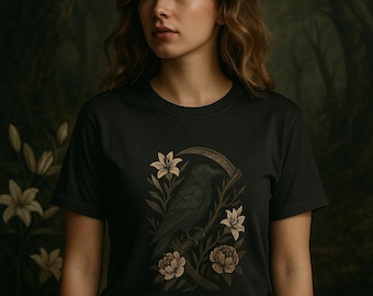 Gothic Raven T-Shirt – Vintage Crow Shirt with Scythe & Flowers – Dark Aesthetic Unisex Tee – Occult Nature Gothic Apparel – Witchy Clothing