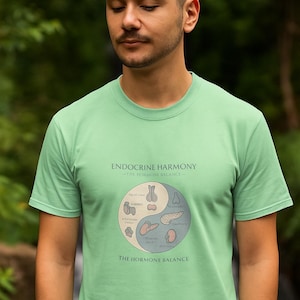 Può includere: Una maglietta verde chiaro con la scritta "ENDOCRINE HARMONY - THE HORMONE BALANCE" e un diagramma del sistema endocrino. La maglietta è indossata da una persona con i capelli corti e un'espressione neutra, su uno sfondo verde sfocato.