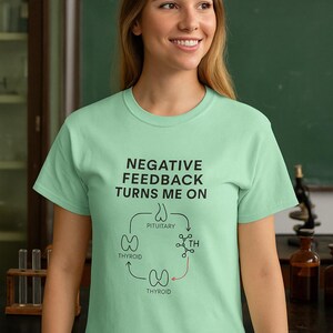 Puede incluir: Camiseta verde claro con el texto "NEGATIVE FEEDBACK TURNS ME ON" y un diagrama de las glándulas tiroides e hipófisis. La camiseta está hecha de un material suave.
